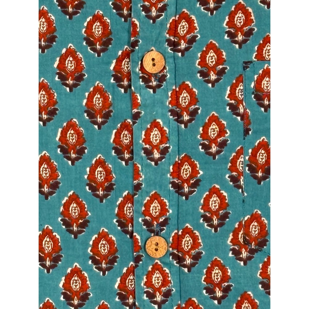 Mens Teal Blue Floral Block Print Short Sleeve Button Down Shirt Boho - Picture 2 of 7